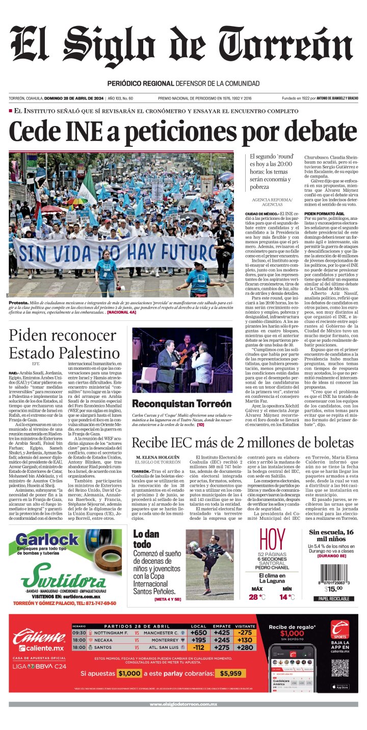 Edición impresa de El Siglo de Torreón, lunes 29 de abril de 2024