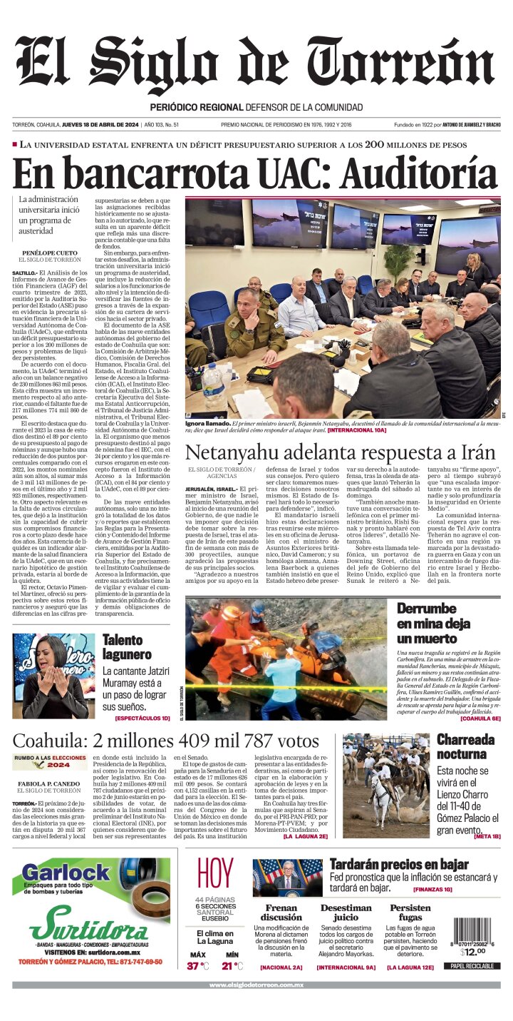 Edición impresa de El Siglo de Torreón, viernes  3 de mayo de 2024