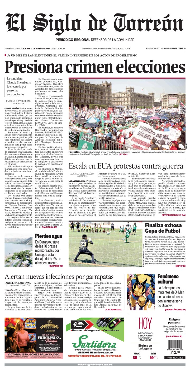 Edición impresa de El Siglo de Torreón, jueves  2 de mayo de 2024