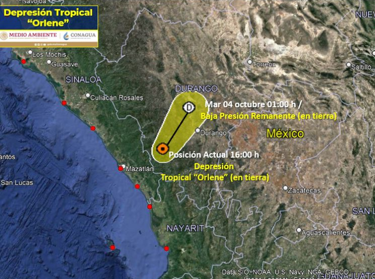 Tras tocar tierra Orlene se degrada a depresión tropical en Durango