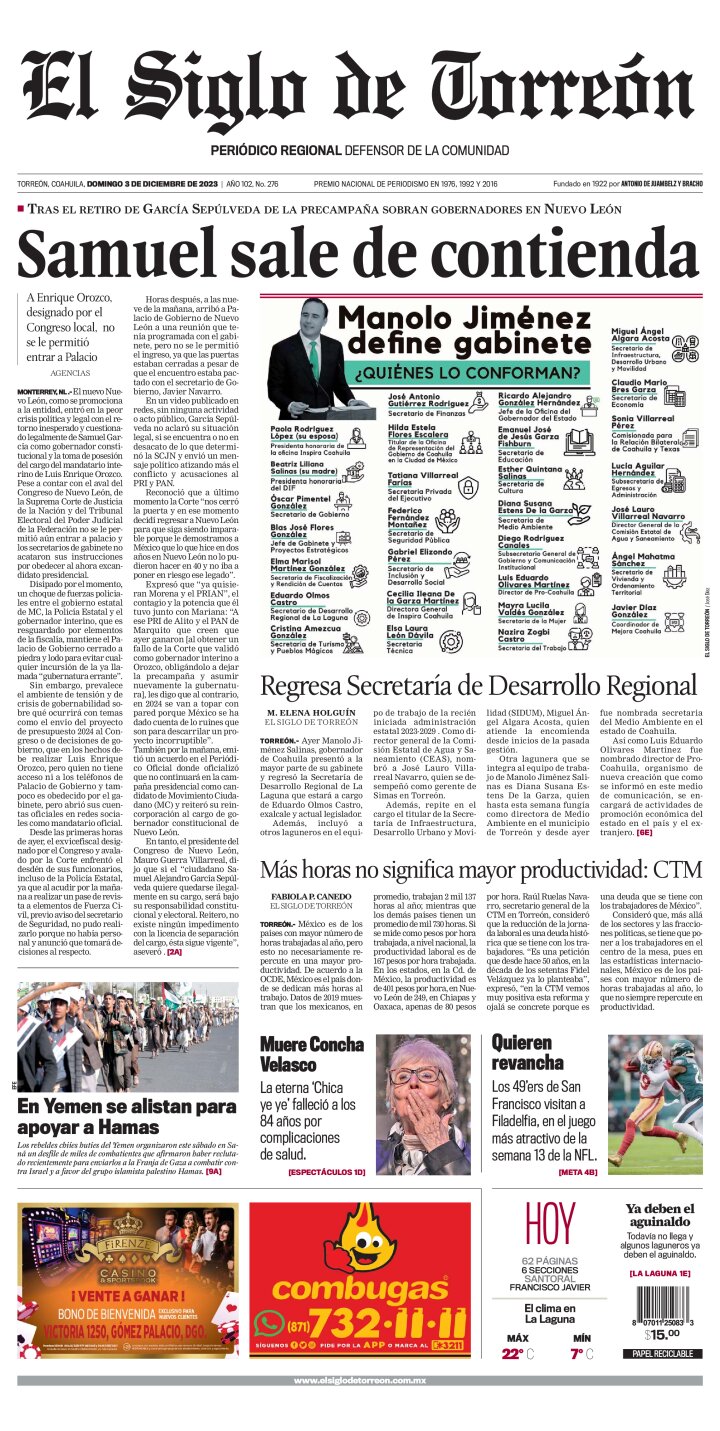 Edición impresa de El Siglo de Torreón, viernes 26 de julio de 2024
